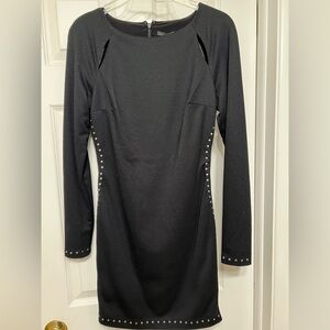 GUESS BRAND: Black Long-Sleeve Studded Bodycon Dress